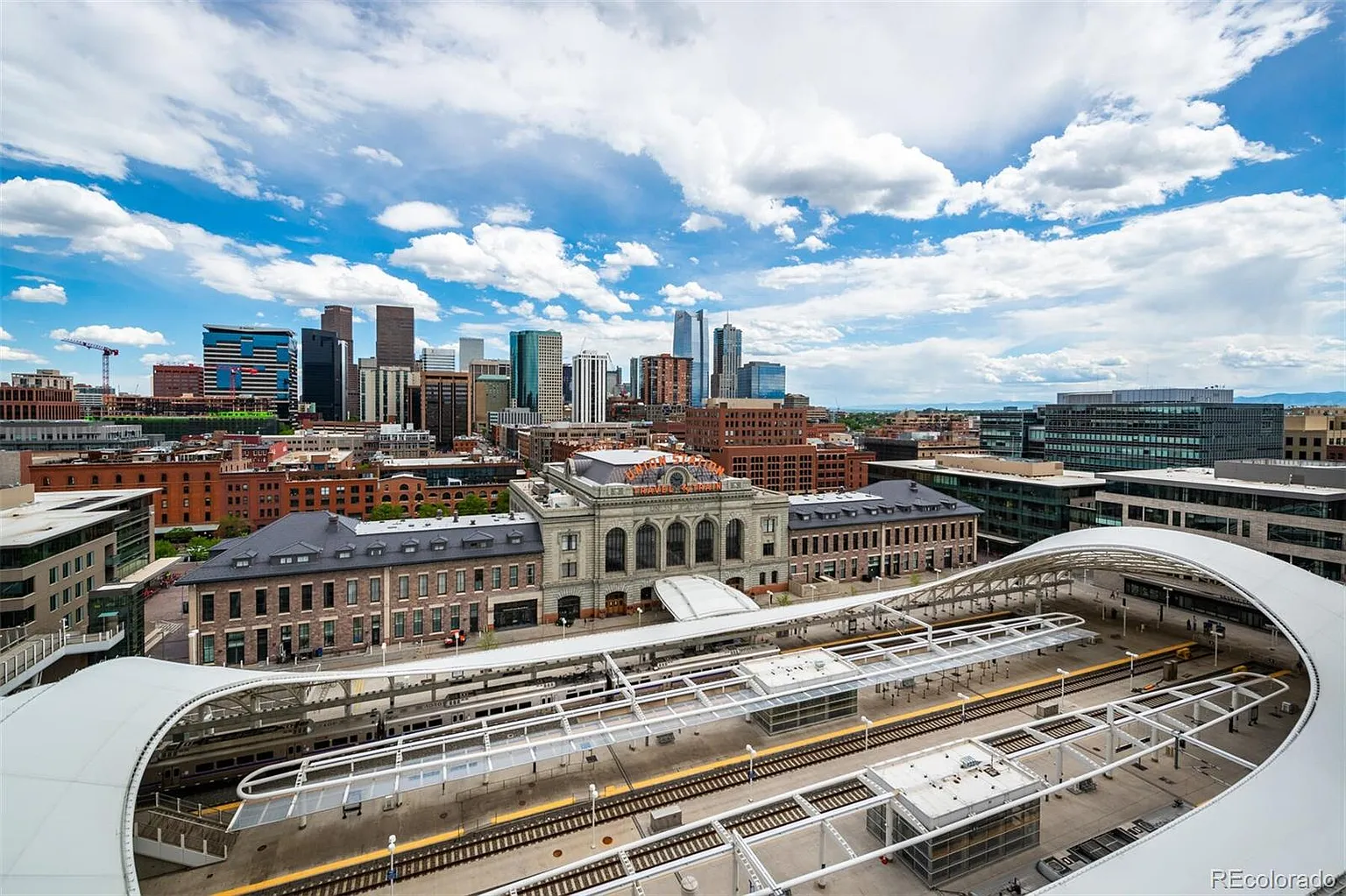 Daytime view of the Denver skyline and Union Station