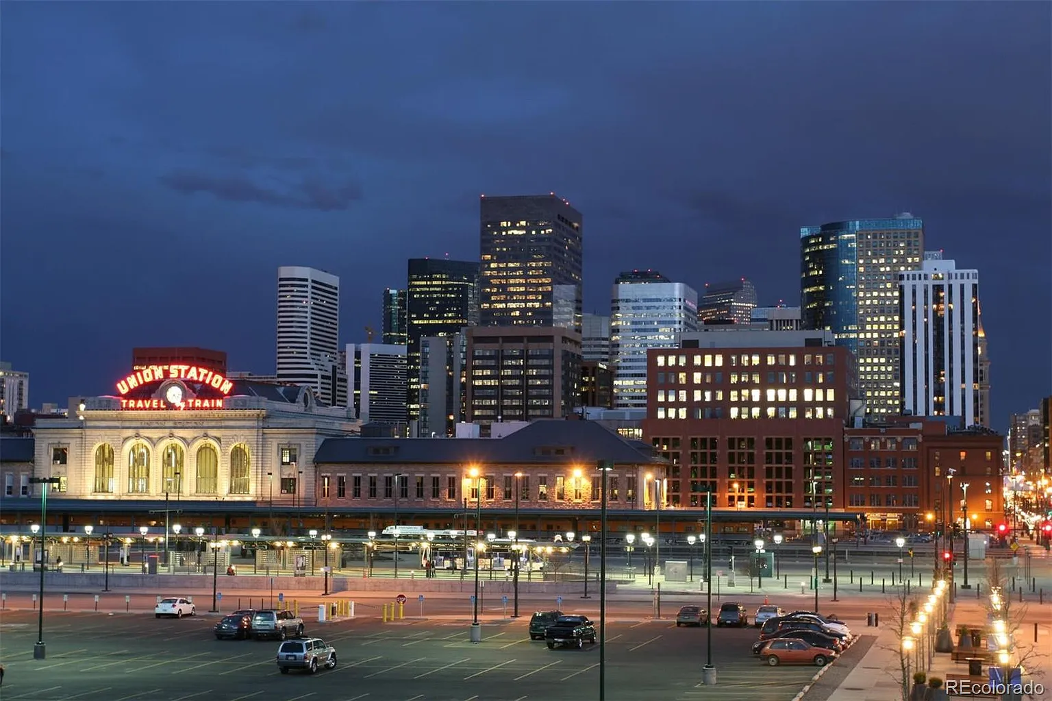 Denver skyline and Union Station at dusk